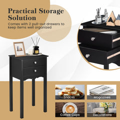 Vintage Style Side Table with 2 Drawers, Tall Black Accent Nightstand