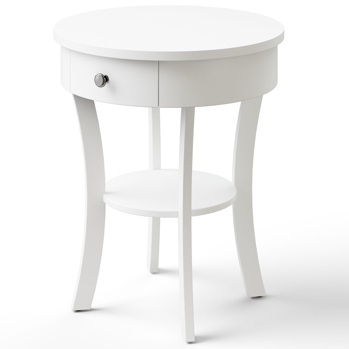 2 Tier Round End Table with Drawer and Curved Legs, White