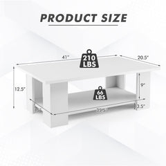 Large 2-Tier Wooden Coffee Table with Open Storage Shelf, White