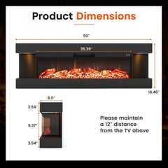 3-Sided Black Wall Mount Electric WiFi Fireplace with Floating Mantel and 12 Flame Ambient-50 Inches
