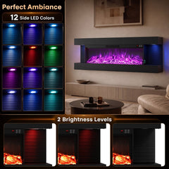 3-Sided Black Wall Mount Electric WiFi Fireplace with Floating Mantel and 12 Flame Ambient-50 Inches