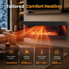 3-Sided Black Wall Mount Electric WiFi Fireplace with Floating Mantel and 12 Flame Ambient-50 Inches