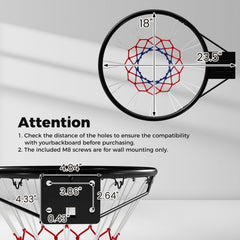 18 inches Basketball Rim Heavy Duty Wall Mounted Basketball Rim Goal Replacement-Black