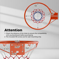 18 inches Basketball Rim Heavy Duty Wall Mounted Basketball Rim Goal Replacement-Orange