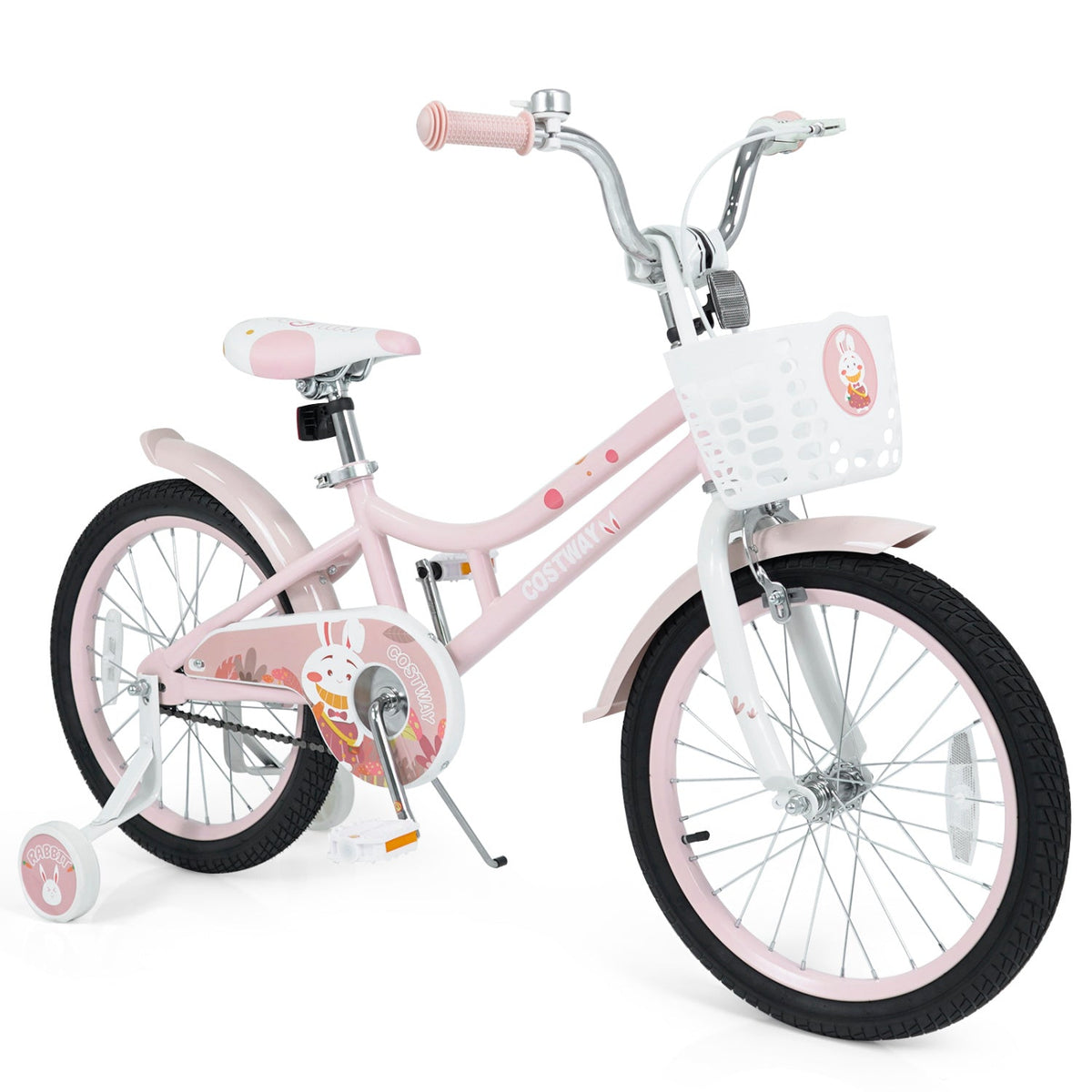 18 Inch Girls Bike with Basket, Kickstand and Removable Training Wheels, Pink