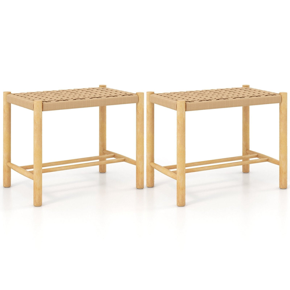 Set of 2 Woven Paper Rope Dining Stools, 18 Inch Seat Height, Natural Rubber Wood Frame