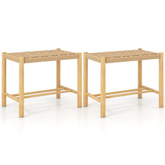 Set of 2 Woven Paper Rope Dining Stools, 18 Inch Seat Height, Natural Rubber Wood Frame