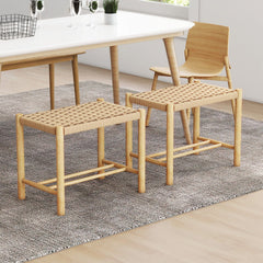 Set of 2 Woven Paper Rope Dining Stools, 18 Inch Seat Height, Natural Rubber Wood Frame