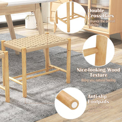 Set of 2 Woven Paper Rope Dining Stools, 18 Inch Seat Height, Natural Rubber Wood Frame