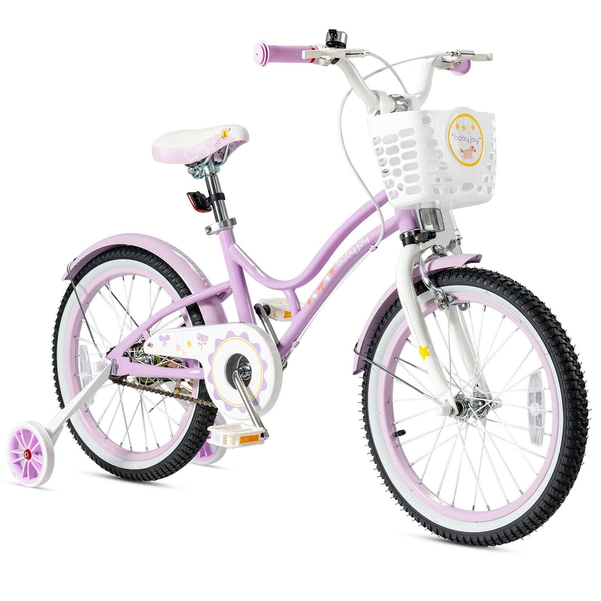 18 Inch Kids Bike with Detachable Basket and Removable Training Wheels, Purple