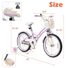 18 Inch Kids Bike with Detachable Basket and Removable Training Wheels, Purple
