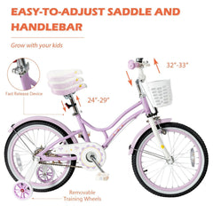 18 Inch Kids Bike with Detachable Basket and Removable Training Wheels, Purple