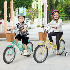 18 Inch Retro Kids Bike with Wicker Basket, Kickstand and Training Wheels, Yellow