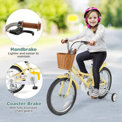 18 Inch Retro Kids Bike with Wicker Basket, Kickstand and Training Wheels, Yellow