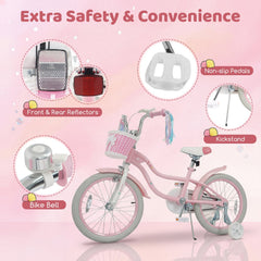 18 Inch Girls Bike with Basket, Streamers and Kickstand, Mermaid Theme, Pink