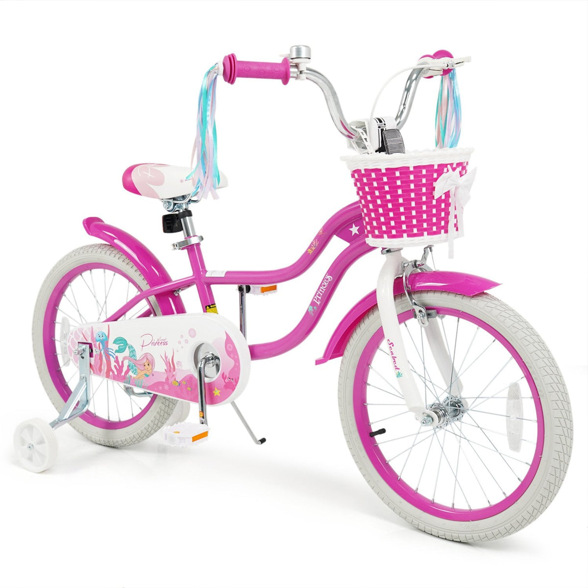 18 Inch Girls Bike with Basket, Ribbons and Mudguards, Mermaid Theme, Rose Red