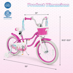 18 Inch Girls Bike with Basket, Ribbons and Mudguards, Mermaid Theme, Rose Red