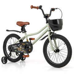 18 Inch Kids Bike with Basket, Kickstand and Detachable Training Wheels, Green