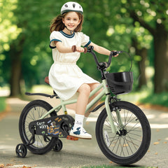 18 Inch Kids Bike with Basket, Kickstand and Detachable Training Wheels, Green
