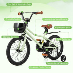 18 Inch Kids Bike with Basket, Kickstand and Detachable Training Wheels, Green