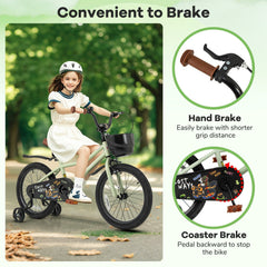 18 Inch Kids Bike with Basket, Kickstand and Detachable Training Wheels, Green