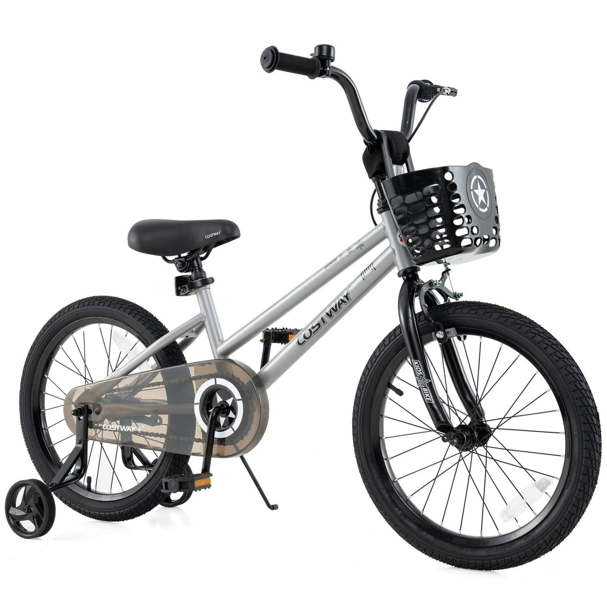 18 Inch Kids Bike with Basket, Kickstand and Detachable Training Wheels, Silver