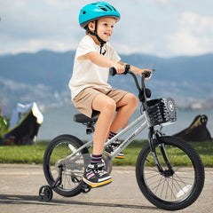 18 Inch Kids Bike with Basket, Kickstand and Detachable Training Wheels, Silver