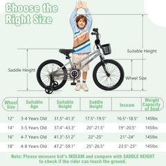 18 Inch Kids Bike with Basket, Kickstand and Detachable Training Wheels, Silver