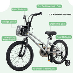 18 Inch Kids Bike with Basket, Kickstand and Detachable Training Wheels, Silver