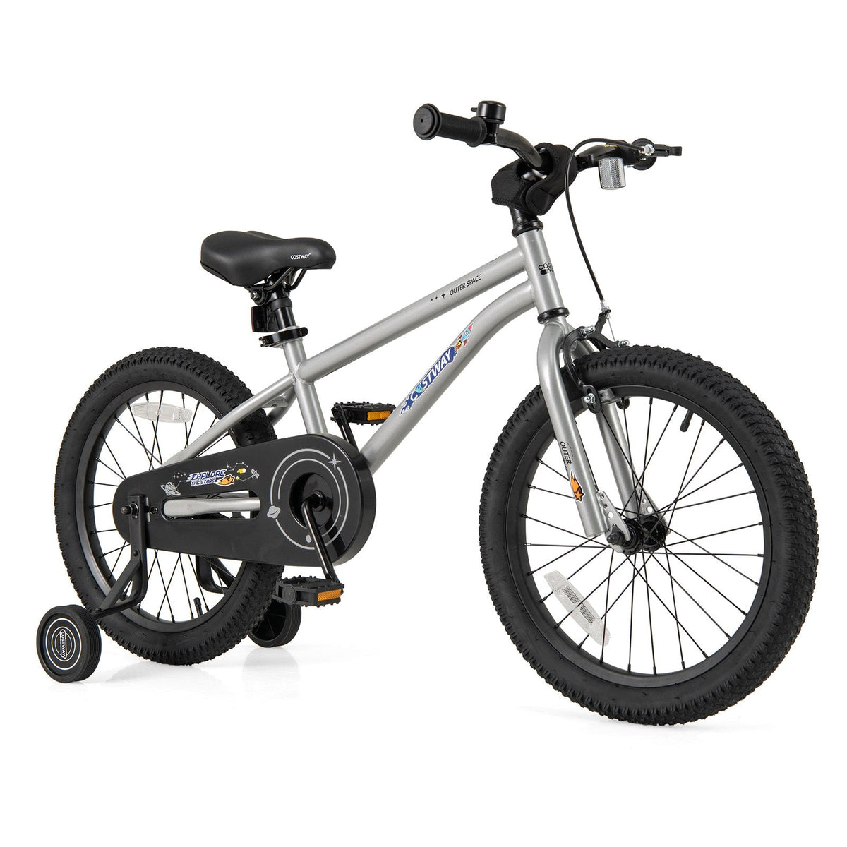 18 Inch Kids Bike with High Carbon Steel Frame, Kickstand and Training Wheels, Silver