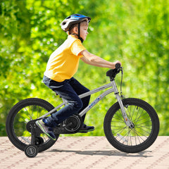 18 Inch Kids Bike with High Carbon Steel Frame, Kickstand and Training Wheels, Silver