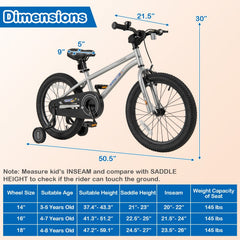 18 Inch Kids Bike with High Carbon Steel Frame, Kickstand and Training Wheels, Silver