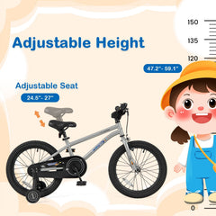 18 Inch Kids Bike with High Carbon Steel Frame, Kickstand and Training Wheels, Silver