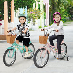 18 Inch Retro Kids Bike with Wicker Basket, Kickstand and Training Wheels, Pink