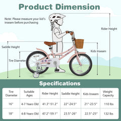 18 Inch Retro Kids Bike with Wicker Basket, Kickstand and Training Wheels, Pink