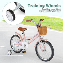 18 Inch Retro Kids Bike with Wicker Basket, Kickstand and Training Wheels, Pink
