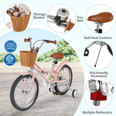 18 Inch Retro Kids Bike with Wicker Basket, Kickstand and Training Wheels, Pink
