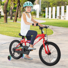 18 Inch LED Lighted Kids Bike with Headlight and Training Wheels, Red