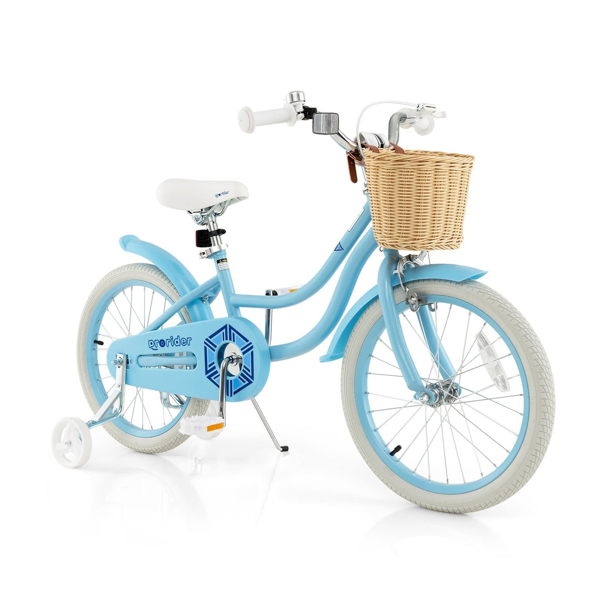 18 Inch Kids Bike with Wicker Basket, Kickstand and Training Wheels, Blue