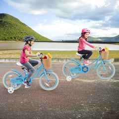 18 Inch Kids Bike with Wicker Basket, Kickstand and Training Wheels, Blue