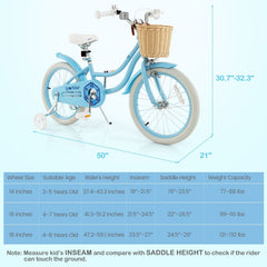 18 Inch Kids Bike with Wicker Basket, Kickstand and Training Wheels, Blue