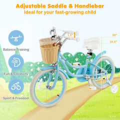 18 Inch Kids Bike with Wicker Basket, Kickstand and Training Wheels, Blue