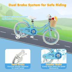 18 Inch Kids Bike with Wicker Basket, Kickstand and Training Wheels, Blue