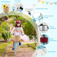 18 Inch Kids Bike with Wicker Basket, Kickstand and Training Wheels, Blue