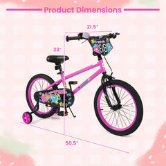 18 Inch Kids Bike with Training Wheels, Number Plate and Kickstand, Pink