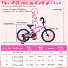 18 Inch Kids Bike with Training Wheels, Number Plate and Kickstand, Pink