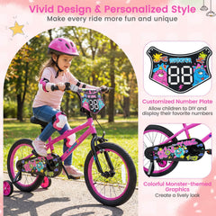 18 Inch Kids Bike with Training Wheels, Number Plate and Kickstand, Pink