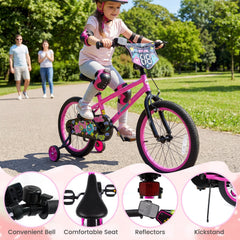 18 Inch Kids Bike with Training Wheels, Number Plate and Kickstand, Pink