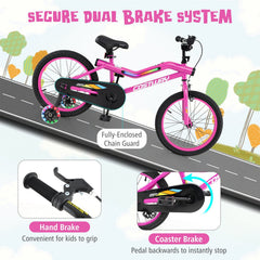 18 Inch LED Lighted Kids Bike with Headlight and Training Wheels, Pink