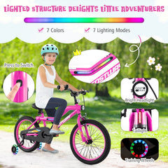 18 Inch LED Lighted Kids Bike with Headlight and Training Wheels, Pink